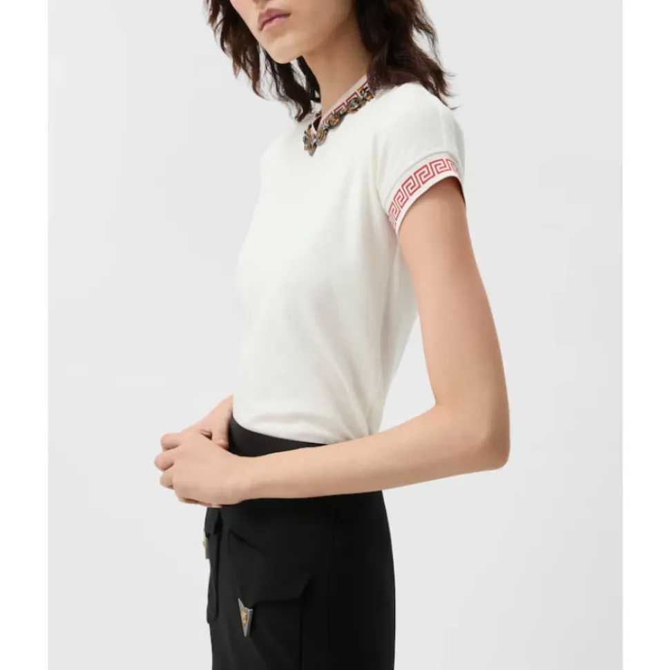 Bawełniany T-shirt z dżerseju z rozciągliwego materiału z żakardem