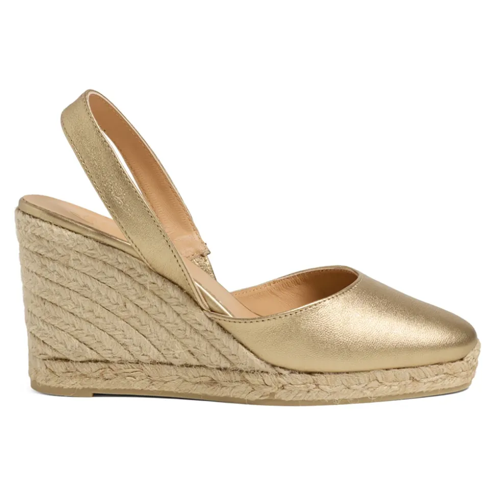 Carissa metaliczne espadryle z otwartym piętą i koturnem 9 cm.
