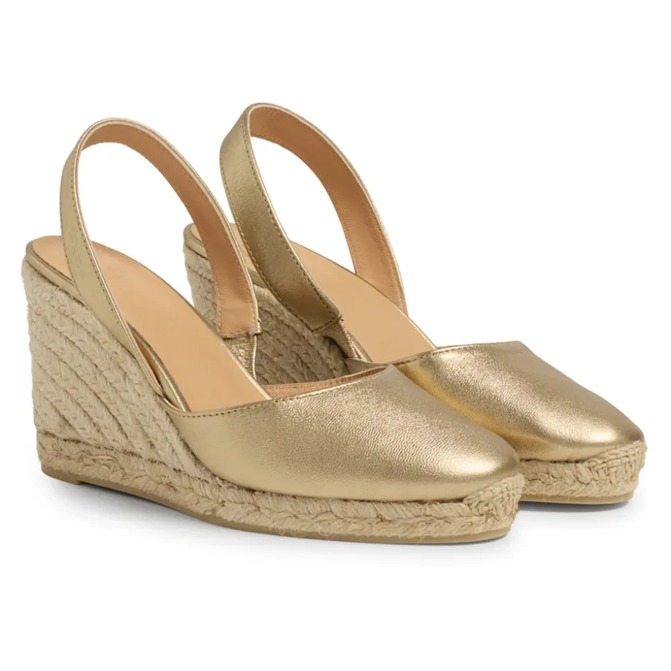 Carissa metaliczne espadryle z otwartym piętą i koturnem 9 cm.