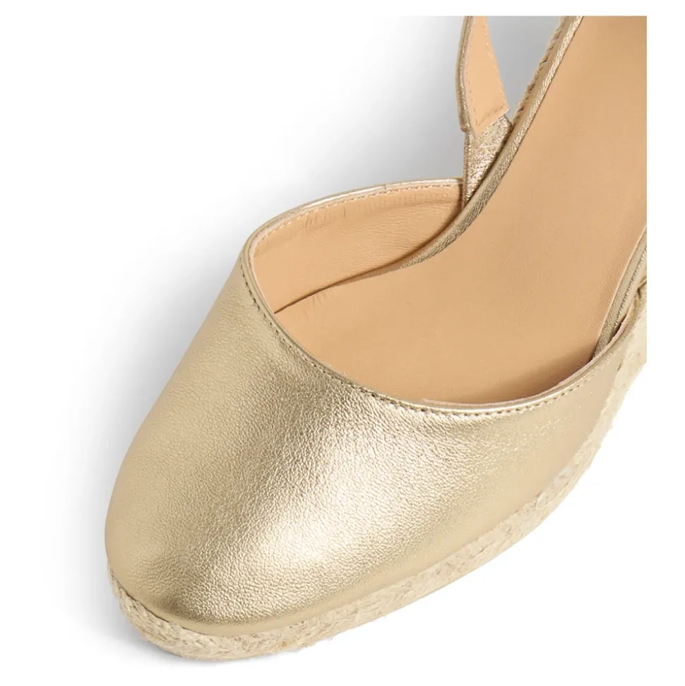 Carissa metaliczne espadryle z otwartym piętą i koturnem 9 cm.