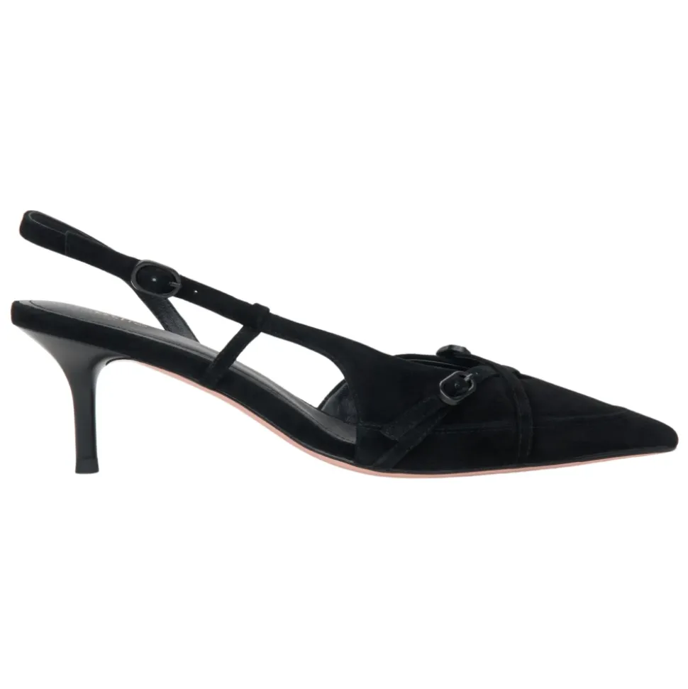 Czarne Velour Slingbacki Z Niskim Obcasem Dla Kobiet