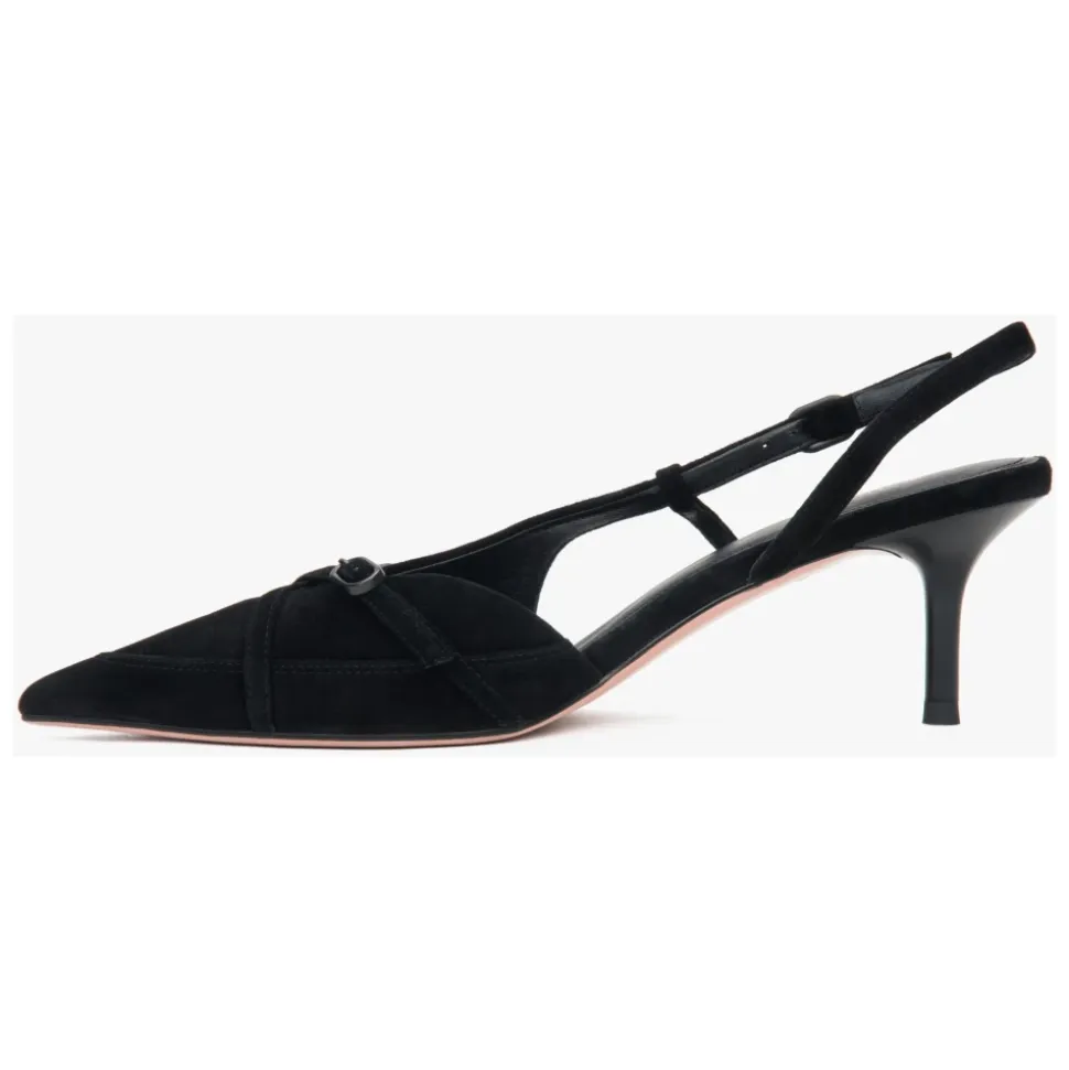 Czarne Velour Slingbacki Z Niskim Obcasem Dla Kobiet