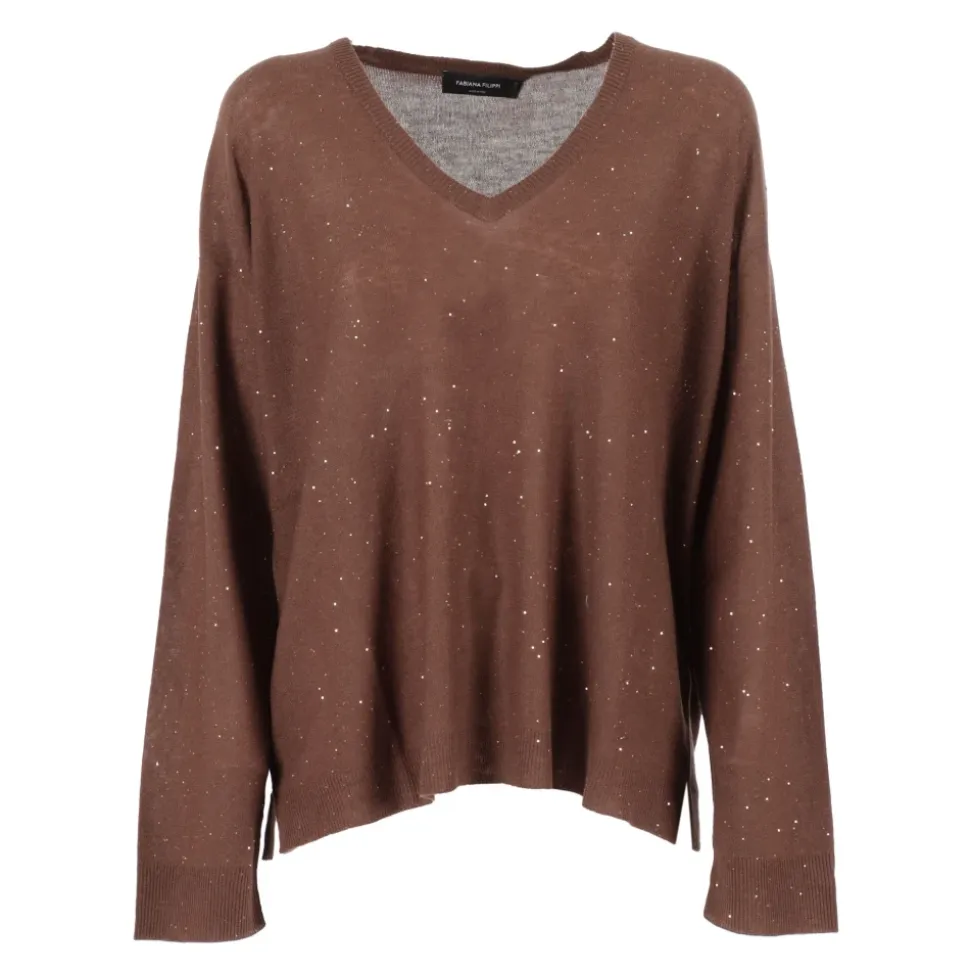 Maglia scollo V manica 3/4 in lana con paillettes