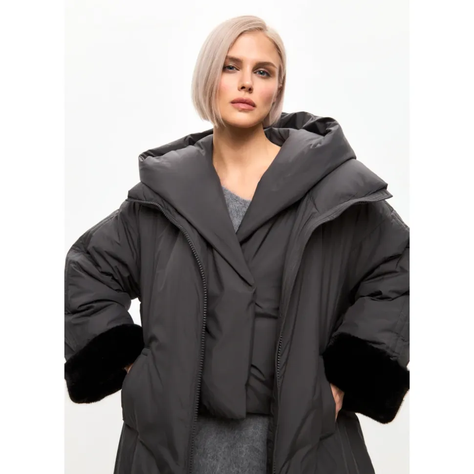 Oversized Płaszcz Puffer z Kapturem i Mankietami ze Sztucznego Futra - Szary