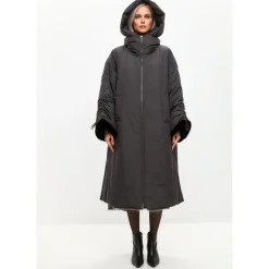 Oversized Płaszcz Puffer z Kapturem i Mankietami ze Sztucznego Futra - Szary