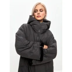 Oversized Płaszcz Puffer z Kapturem i Mankietami ze Sztucznego Futra - Szary