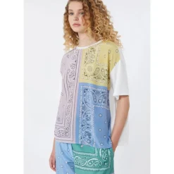T-shirt z drukowanego jedwabiu i dżerseju z bawełną stretch