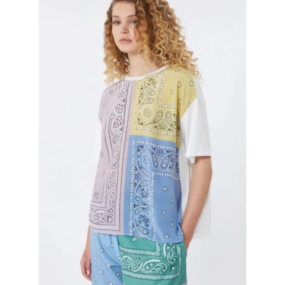 T-shirt z drukowanego jedwabiu i dżerseju z bawełną stretch