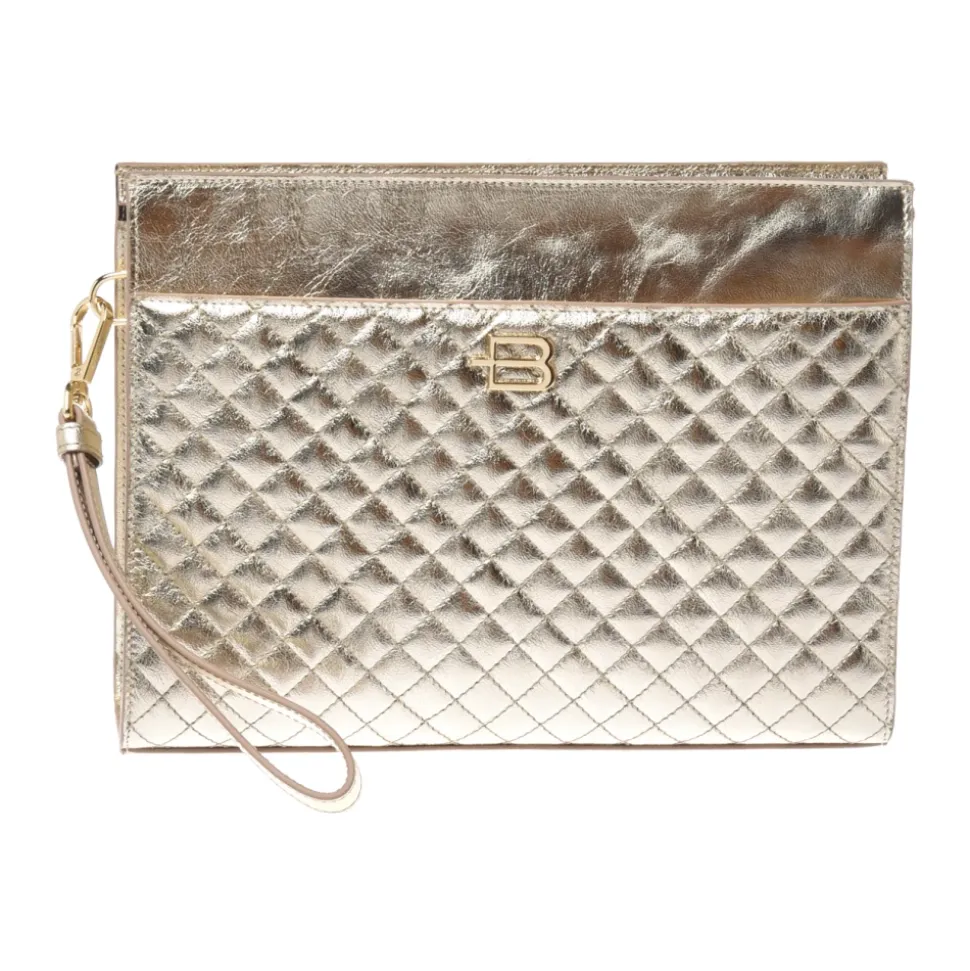 Unisex clutch bag in light gold quilted laminated leather