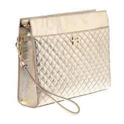 Unisex clutch bag in light gold quilted laminated leather
