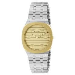 Uomo/Donna - YA163502 - 30mm stal nierdzewna i 18k pozłacana wielowarstwowa koperta, złota tarcza z mosiądzu z motywem Interlocking G, bransoleta ze stali nierdzewnej z pięcioma ogniwami